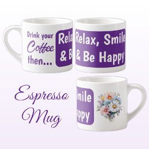 Relax smile wees blij gerbera bloemen paarse espresso kop