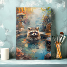 Relaxing Raccoon Hot Spring Canvas Print