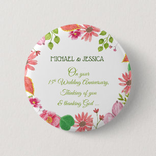 Relieuze bloemen voor 15e trouwdag ronde button 5,7 cm