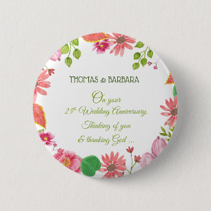 Relieuze bloemen voor 25-jarig huwelijksjubileum ronde button 5,7 cm