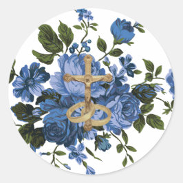 Religieus Blauw Roos Bloemen Goud Kruisbeeld Ronde Sticker