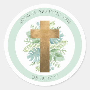 Religieus evenement groen kruis enveloppe zegel/ca ronde sticker
