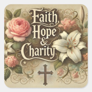 Religieus Geloof Hoop Liefdadigheid Bloemig Vintag Vierkante Sticker