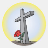 Religieus grafkruis met rode roos ronde sticker (Voorkant)