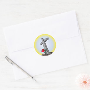 Religieus grafkruis met rode roos ronde sticker
