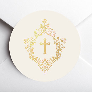 Religieus Ivoor Nep Gouden Kruis in Wapen Verguld Ronde Sticker