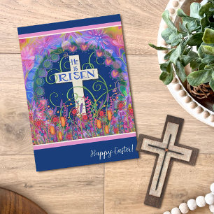 Religieus kruis Bloemen Gelukkig Pasen Hij is Verr Kaart