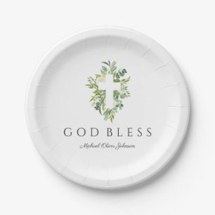 Religieus Kruis Groen Botanisch God Zegen Doop Papieren Bordje