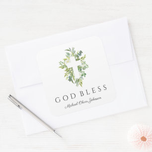 Religieus Kruis Groene Botanische God Zegen Doop Vierkante Sticker
