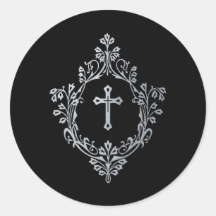 Religieus kruis in wapen zwart namaak zilver vinta ronde sticker