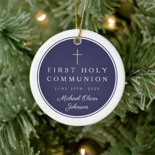 Religieus kruis jongen eerste communie foto keramisch ornament