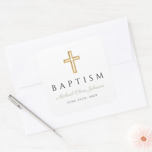 Religieus kruis salie groen script doopsel vierkante sticker