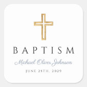 Religieus kruis stoffig blauw script jongen doop  vierkante sticker (Voorkant)