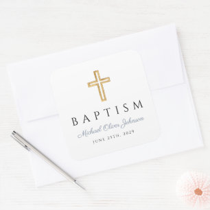 Religieus kruis stoffig blauw script jongen doop vierkante sticker