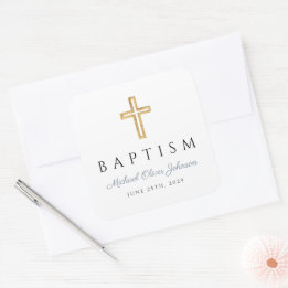 Religieus kruis stoffig blauw script jongensdoop vierkante sticker