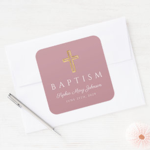 Religieus kruis stoffig roze meisjesdoop vierkante sticker