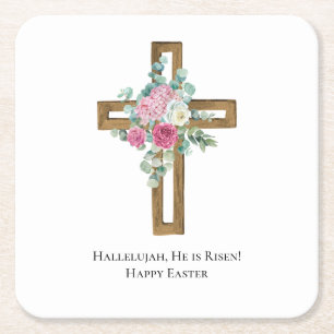 Religieus Pasen Hij Is Opgewekt Houten Kruis Bloem Vierkante Kartonnen Onderzetter