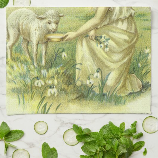 Religieus Pasen Victoriaans Engel met Lam Theedoek (Gevouwen)