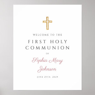 Religieus Stof Roze Meisje Eerste Communie Welkom Poster
