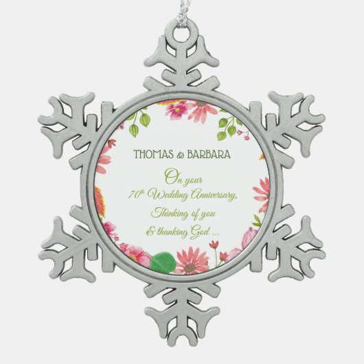 Religieuze 70ste Jubileum bloemen Tin Sneeuwvlok Ornament (Voorkant)