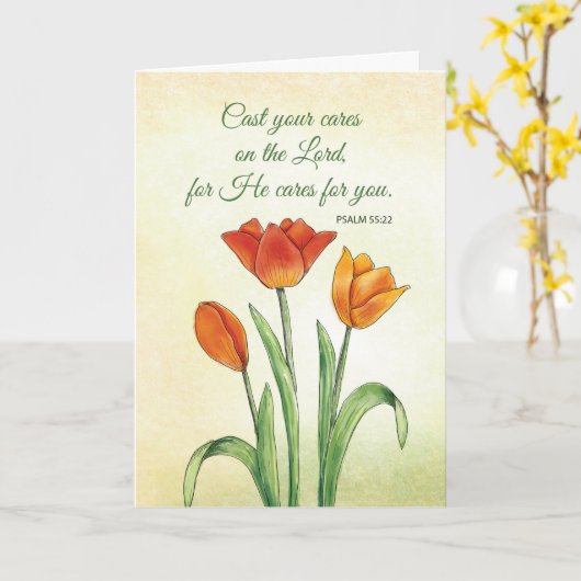 Religieuze aanmoediging werpt uw zorgen tulp kaart (Gele Bloem)