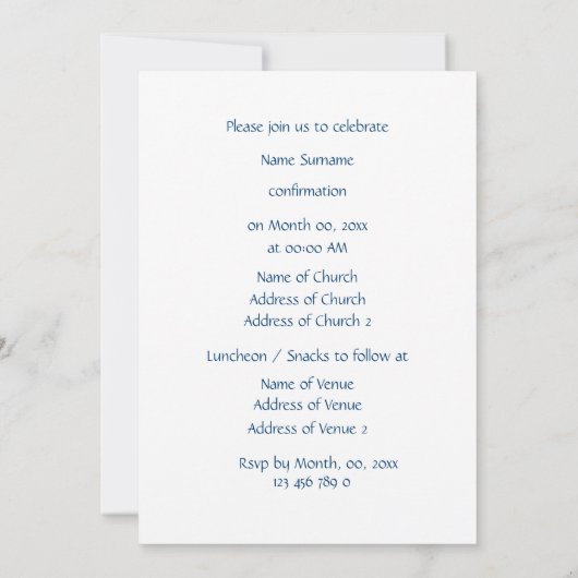 Religieuze bevestigingstip blauw jongens kaart (Achterkant)