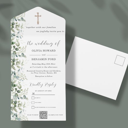 Religieuze bruiloft | Eucalyptus QR-code All In One Uitnodiging