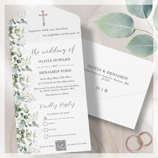 Religieuze bruiloft | Eucalyptus QR-code All In One Uitnodiging