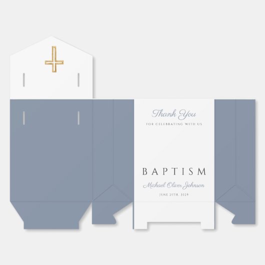 Religieuze Cross Dusty Blue Script Boy Baptisme Bedankdoosjes (Ongevouwen)