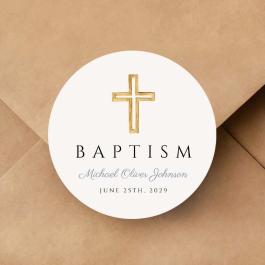 Religieuze Cross Dusty Blue Script Boy Baptisme Ronde Sticker