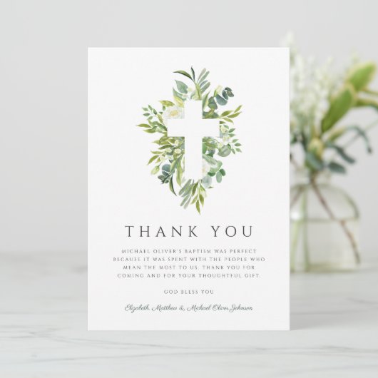Religieuze Cross Green Botanische Baptisme Bedankkaart (Staand voorkant)