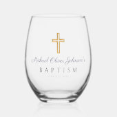 Religieuze Cross Navy Blauw Script Boy Doop Wijnglas Zonder Voet (Voorkant)