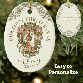 Religieuze Eerste Kerstmis Mr en Mrs Wedding Keramisch Ornament