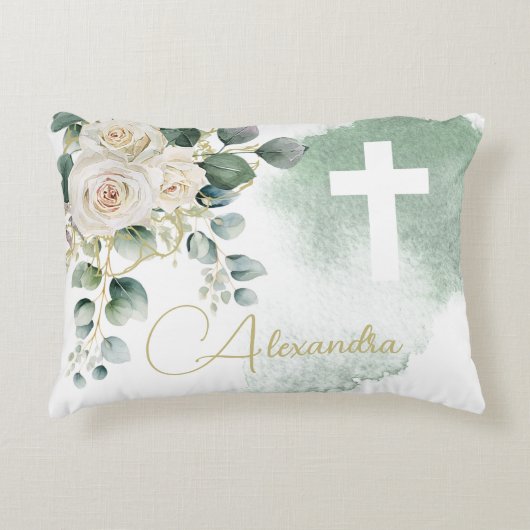 Religieuze Elegante Rozen Green Wash Cross Accent Kussen (Voorkant)