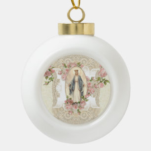 Religieuze, gevlekte Maagd Mary Rozen Lace Keramische Bal Ornament
