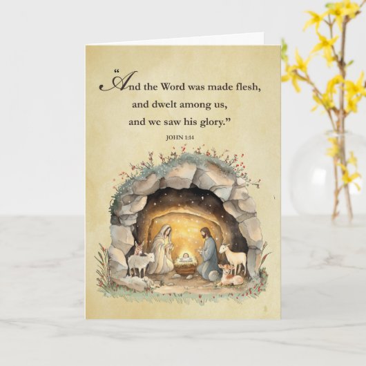 Religieuze kerst rustieke kerststal kaart (Gele Bloem)