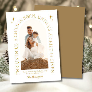 Religieuze kerstfamilie foto minimalistisch goud feestdagenkaart