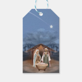 Religieuze kerstfeestscène cadeaulabel