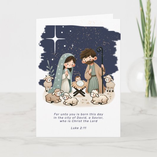 Religieuze kerstfeestscène en scripts feestdagen kaart (Voorkant)