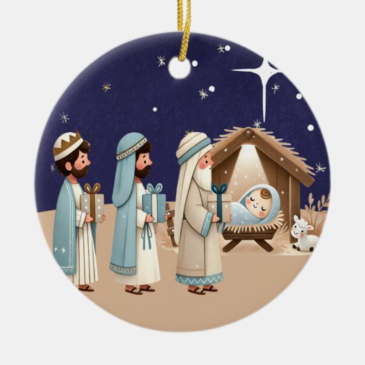 Religieuze kerstfeestscène en scripts keramisch ornament (Voorkant)