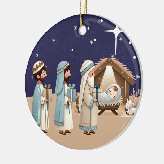 Religieuze kerstfeestscène en scripts keramisch ornament (Links)