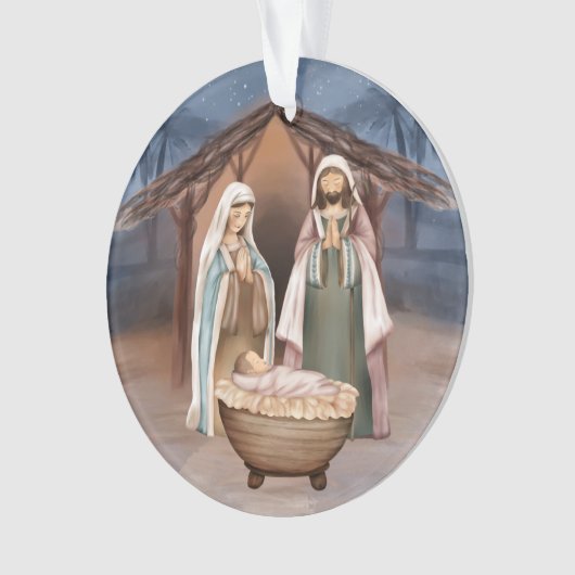 Religieuze kerstfeestscène en scripts ornament (voorkant)