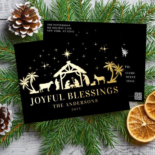 Religieuze kerstfeestvreugde Manger Folie Feestdagen Briefkaart