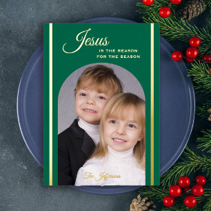 Religieuze Kerstfoto Jezus Smaragd Goud Folie Uitnodiging