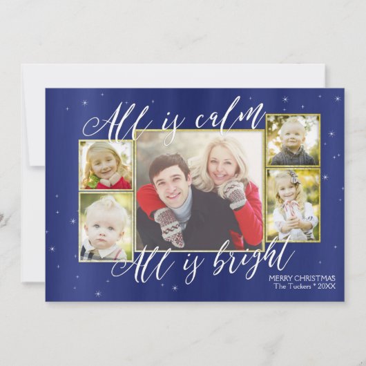 Religieuze kerstfotokaart, Navy Blue Gold Feestdagenkaart (Voorkant)