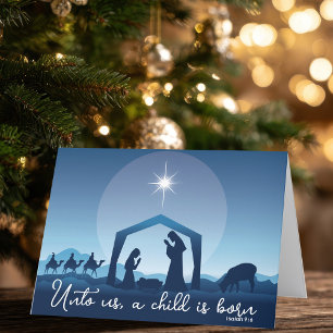 Religieuze Kerstmisscène Blauw Feestdagen Kaart