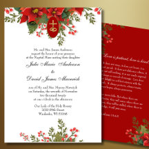Religieuze kerstweddenschap met rood Poinsettia