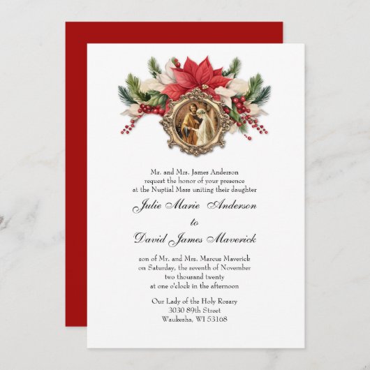 Religieuze kerstweddenschap met rood Poinsettia Kaart (Voorkant / Achterkant)