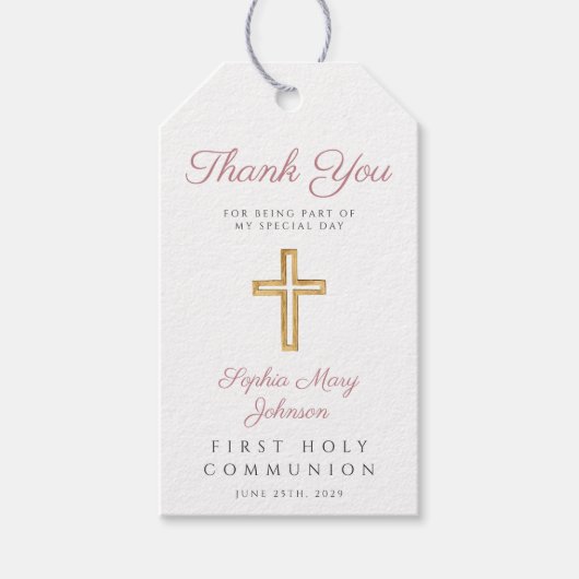Religieuze kruisbeelden roze stropen eerste commun cadeaulabel (Voorkant)