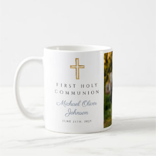 Religieuze kruisjongen eerste communiqué foto koffiemok